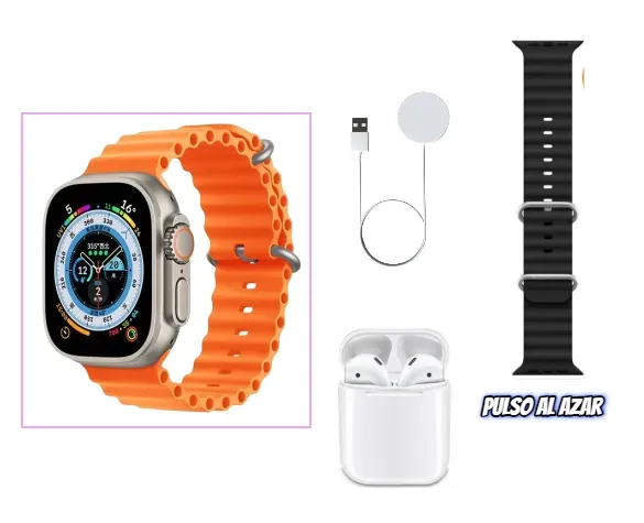 Reloj Smartwatch Ultra Naranjado Con Obsequio De Audífono Bluetooth I12 Con 2 Pulsos.