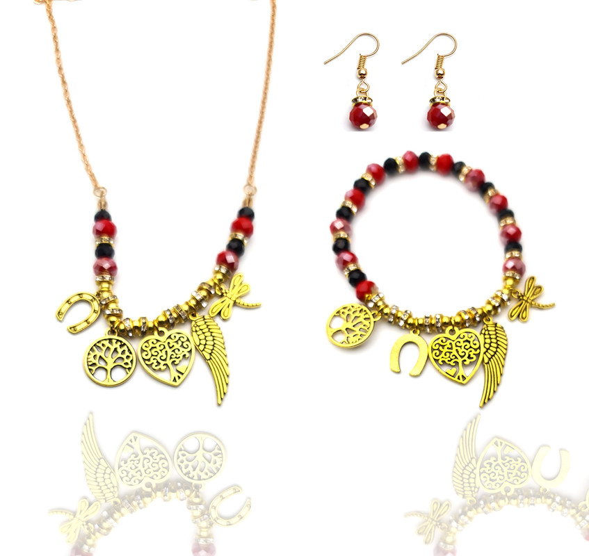 Collar Pulsera Y Aretes Dorado Rojo Arbol