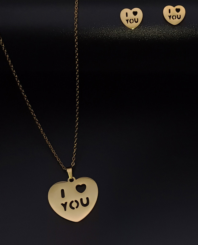 Collar Y Aretes Corazon I You Acero Inoxidable