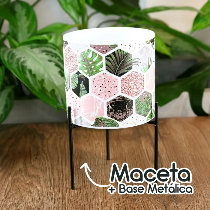 Matera En Cerámica Diseño Hojas Con Soporte Metálico