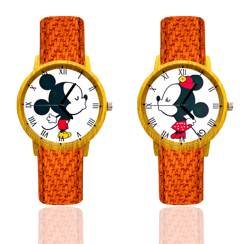 Reloj Pareja Mickey Y Minnie Tono Madera Marron Claro