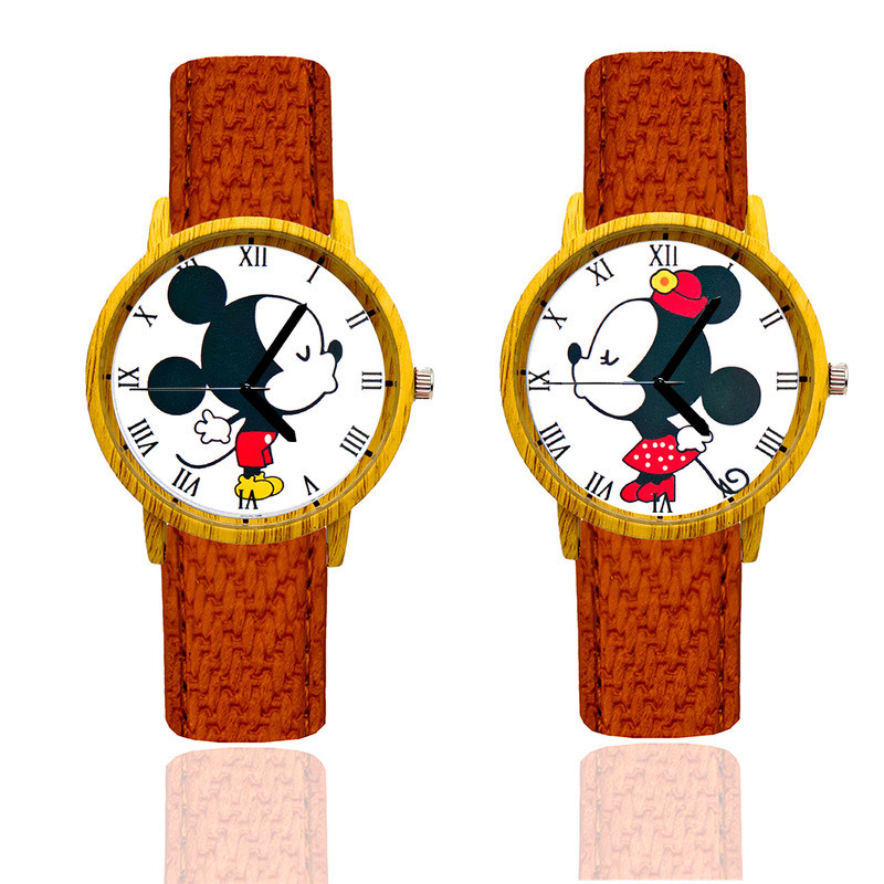 Reloj Pareja Mickey Y Minnie Tono Madera Marron Oscuro