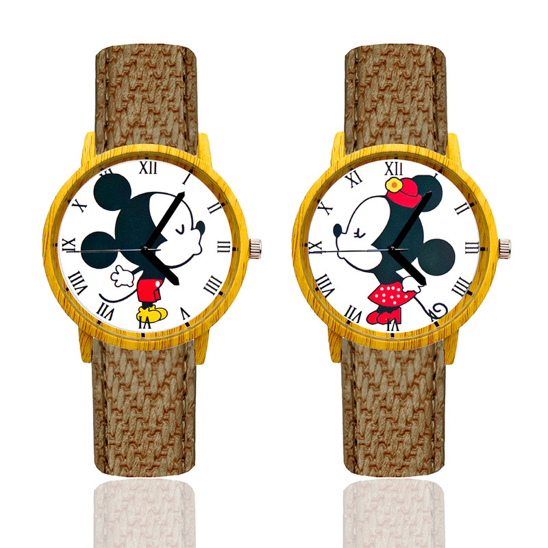 Reloj Pareja Mickey Y Minnie Tono Madera Marron Verde