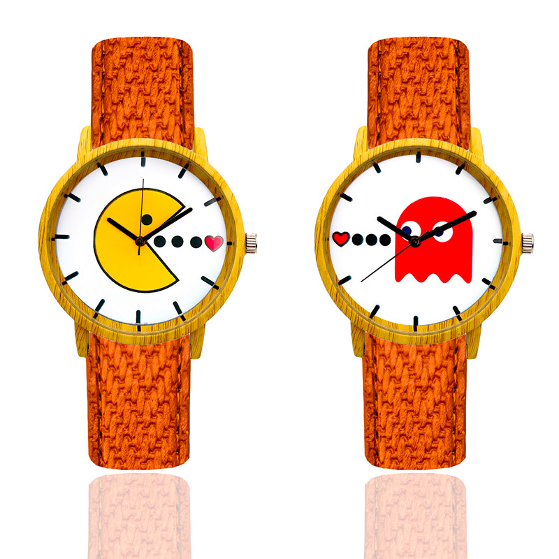 Reloj Pareja Pac Man Tono Madera Marron Claro