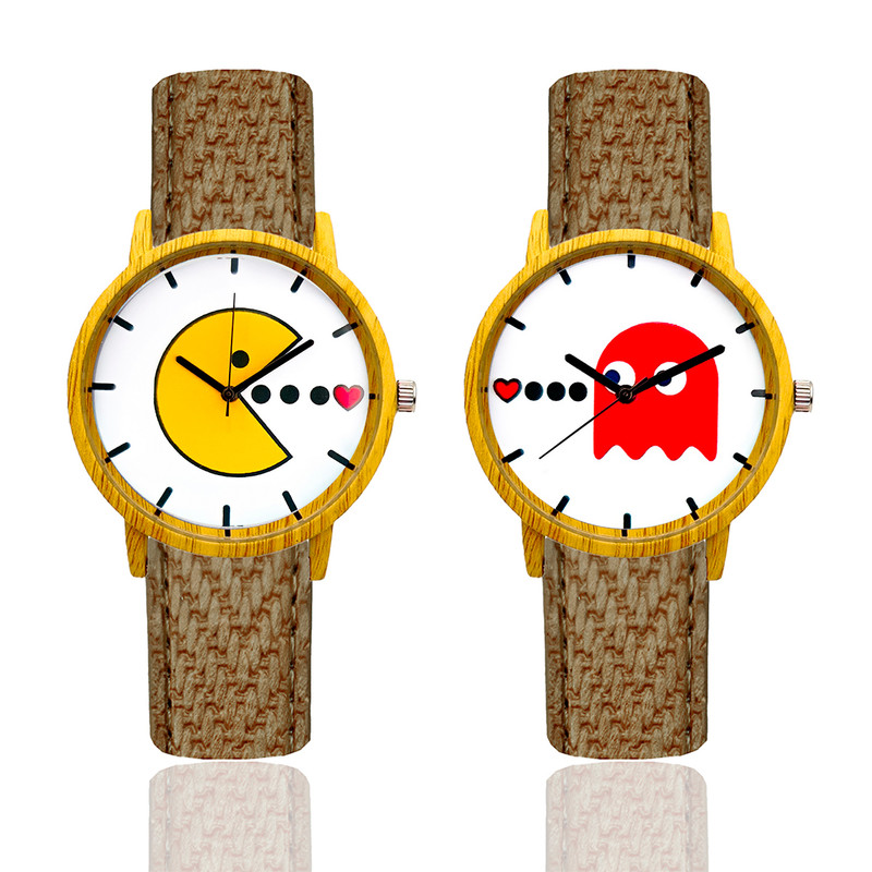 Reloj Pareja Pac Man Tono Madera Marron Verde