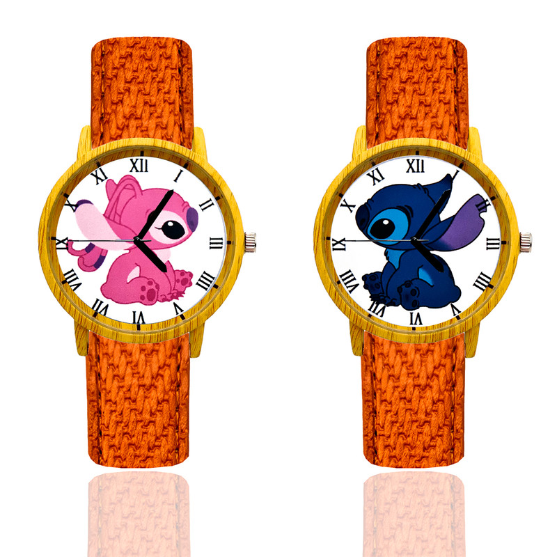 Reloj Pareja Stitch Y Angel Tono Madera Marron Claro