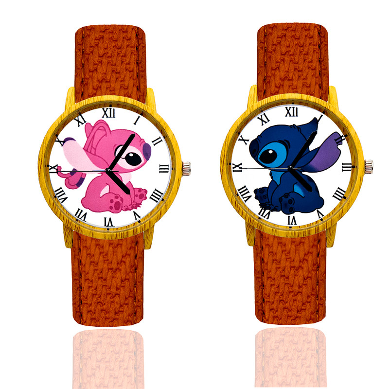 Reloj Pareja Stitch Y Angel  Tono Madera Marron Oscuro