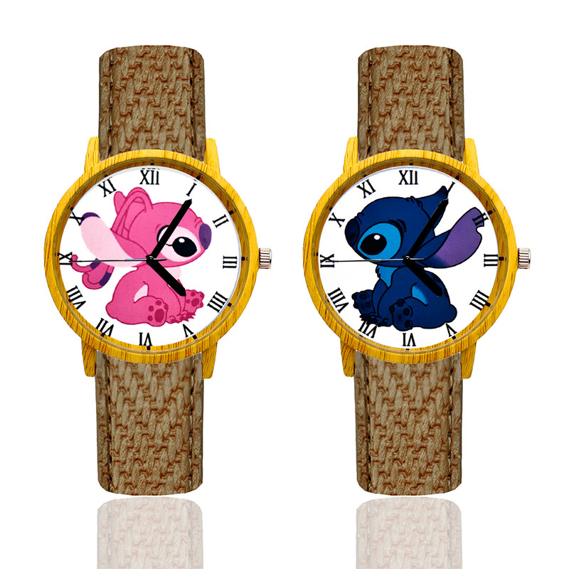 Reloj Pareja Stitch Y Angel Tono Madera Marron Verde