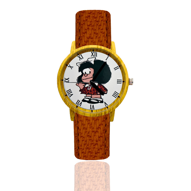 Reloj Mafalda Blanco Estilo Madera Marron Oscuro