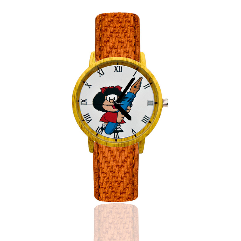 Reloj Mafalda Lapiz Estilo Madera Marron Claro