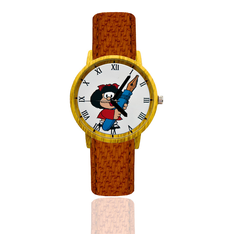 Reloj Mafalda Lapiz Estilo Madera Marron Oscuro