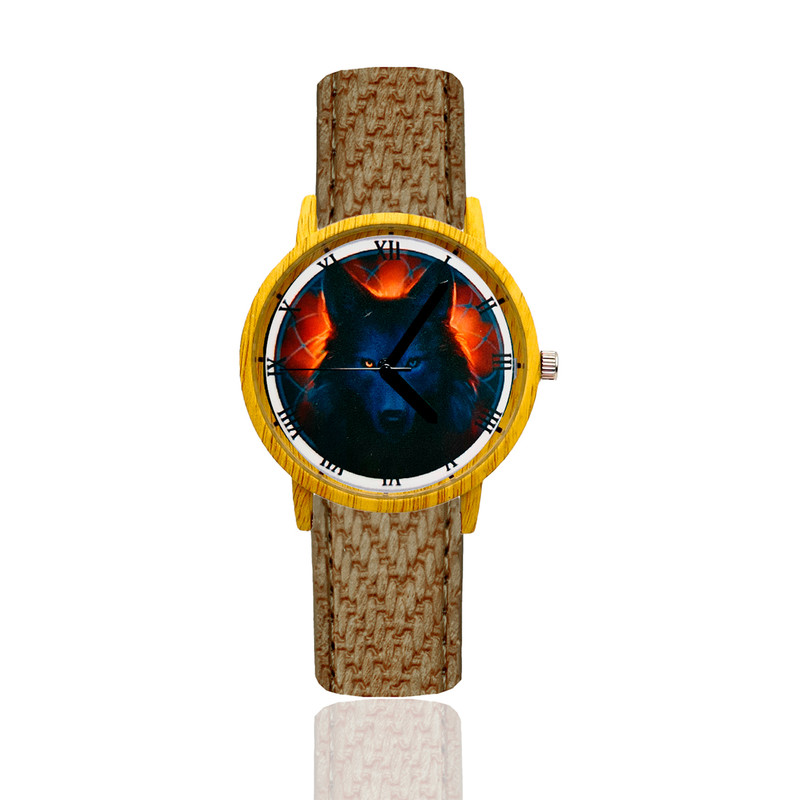 Reloj Lobo Atardecer Estilo Madera Marron