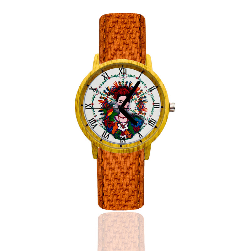 Reloj Frida Flores Estilo Madera Marron Claro