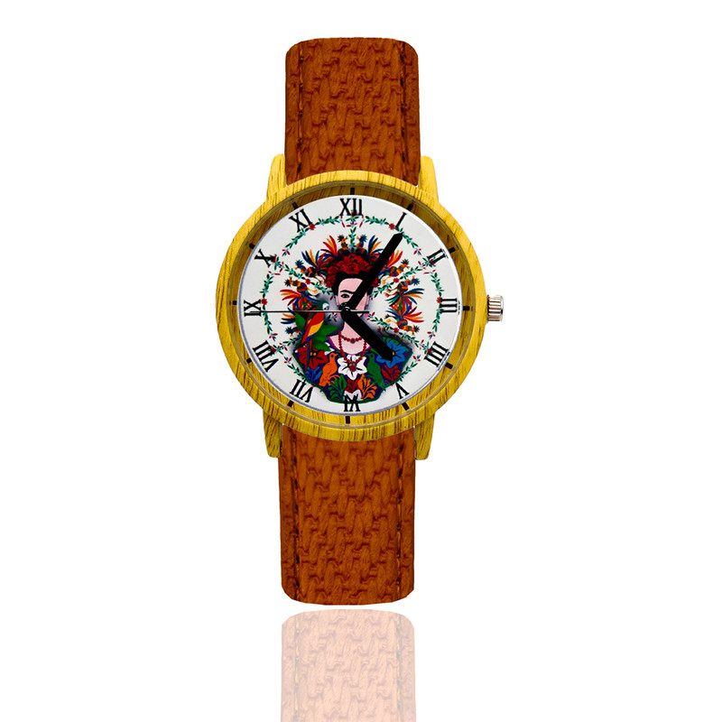 Reloj Frida Flores Estilo Madera Marron Oscuro