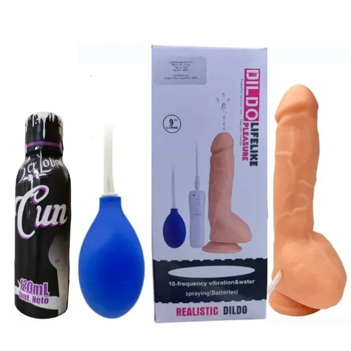 Dildo Vibrador Ultra Realista Con Eyaculacion X-Men 9“ + Lubricante Cun Simulador De Semen 120ml