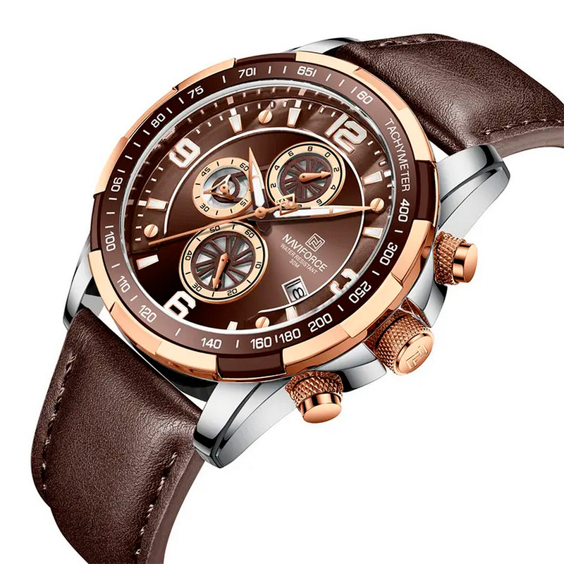 Reloj Naviforce Original Nf 8020 Cuero Hombre Marron Oscuro + Estuche