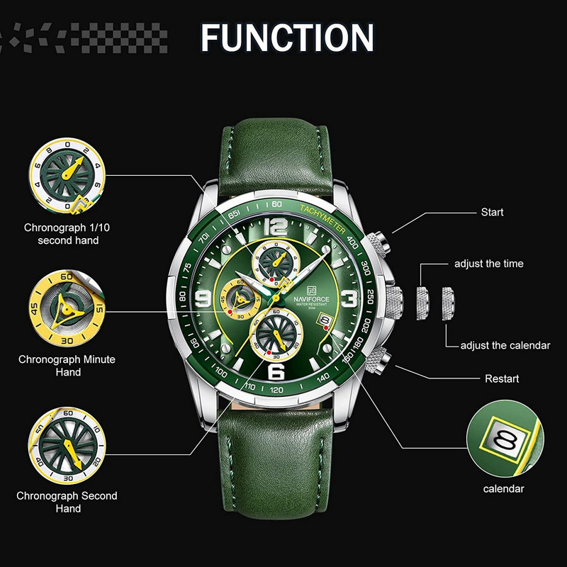 Reloj Naviforce Original Nf 8020 Cuero Hombre Verde + Estuche