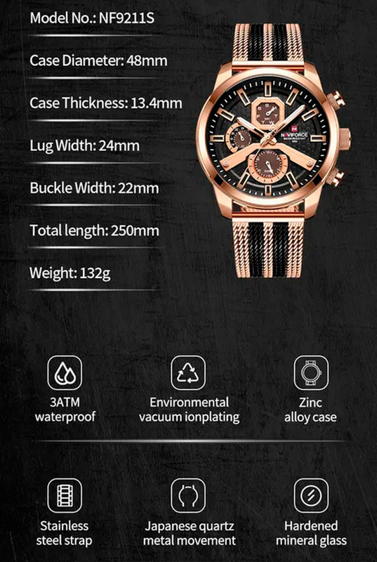 Reloj Naviforce Original Nf 9211 Acero Inoxidable Oro Rosa Negro + Estuche