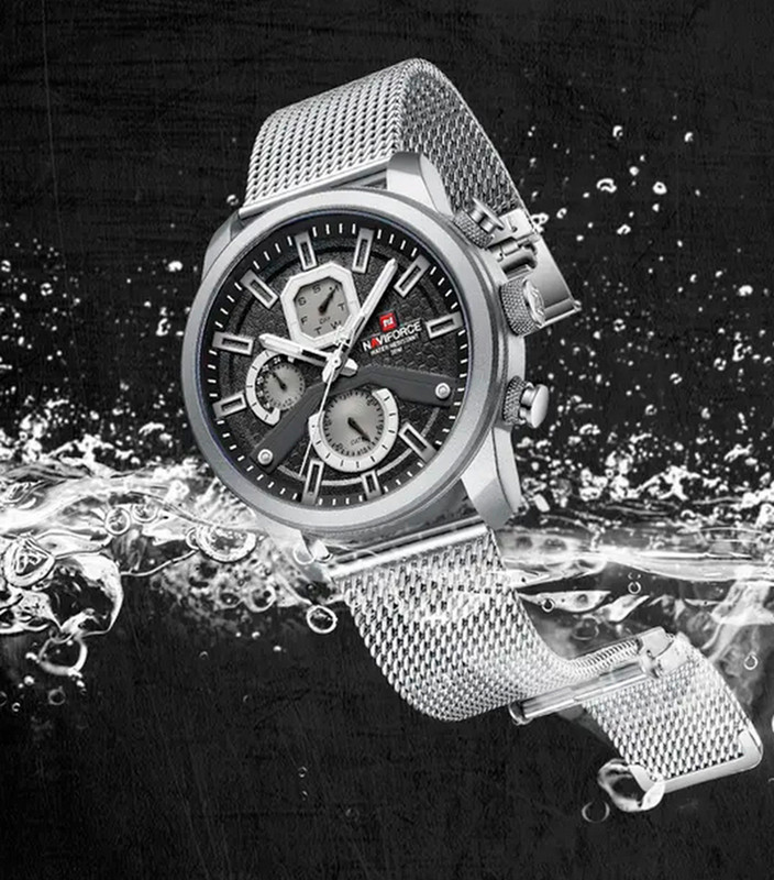 Reloj Naviforce Original Nf 9211 Acero Inoxidable Plateado Fondo Negro + Estuche