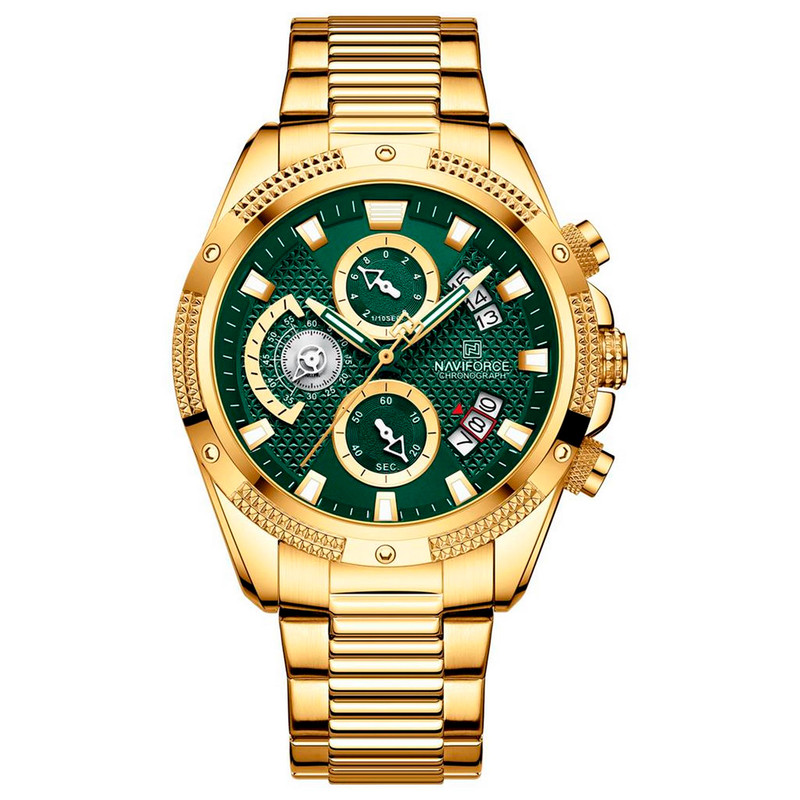 Reloj Naviforce Original Nf 8021 Cronografo Dorado Fondo Verde + Estuche