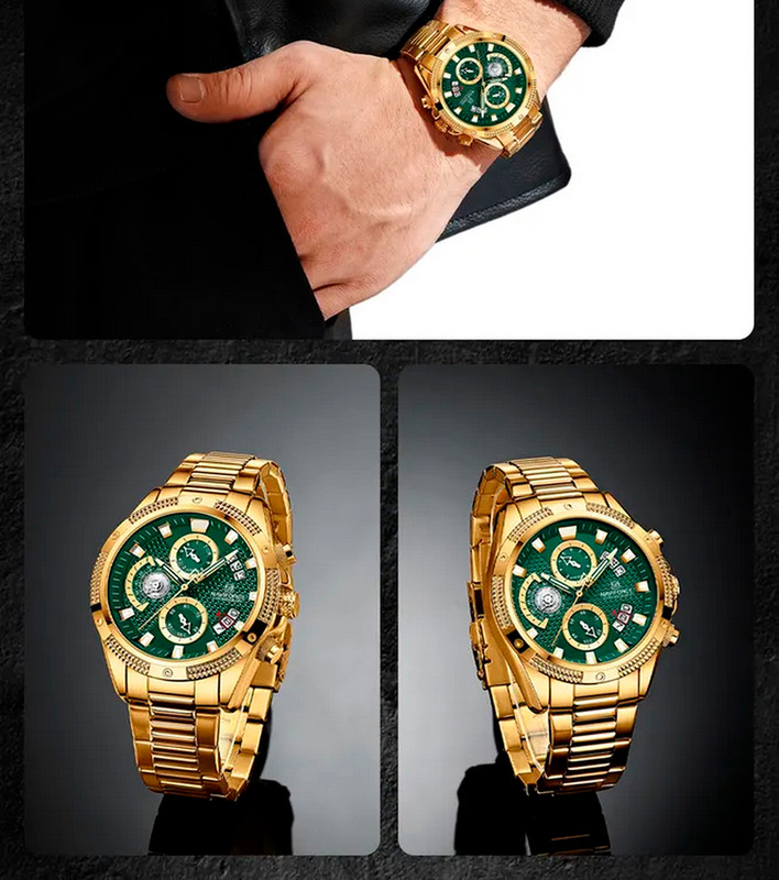 Reloj Naviforce Original Nf 8021 Cronografo Dorado Fondo Verde + Estuche