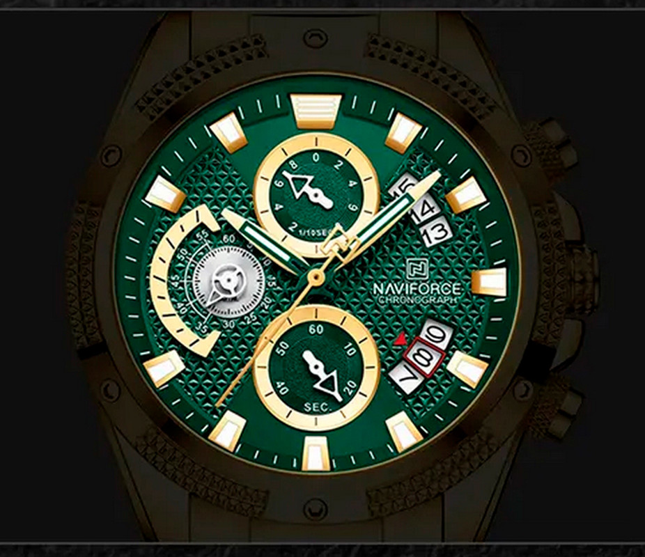 Reloj Naviforce Original Nf 8021 Cronografo Dorado Fondo Verde + Estuche