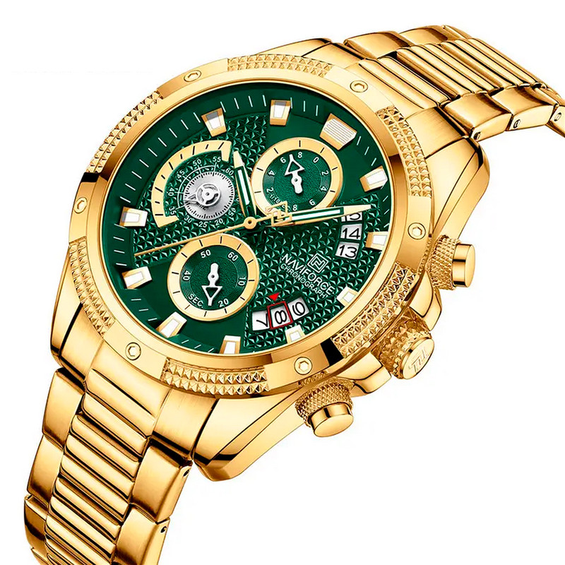 Reloj Naviforce Original Nf 8021 Cronografo Dorado Fondo Verde + Estuche