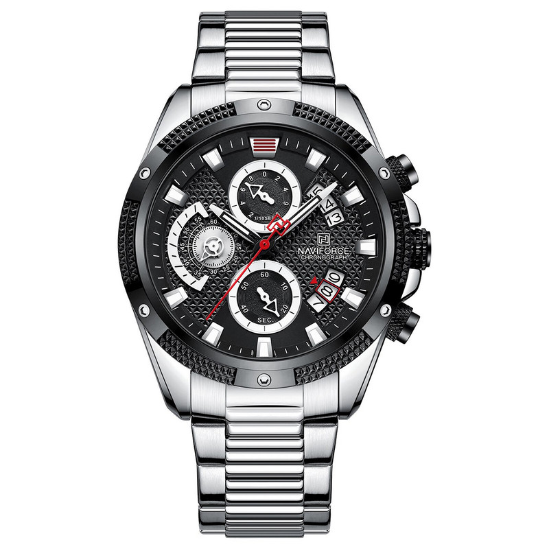 Reloj Naviforce Original Nf 8021 Cronografo Plateado Fondo Negro + Estuche