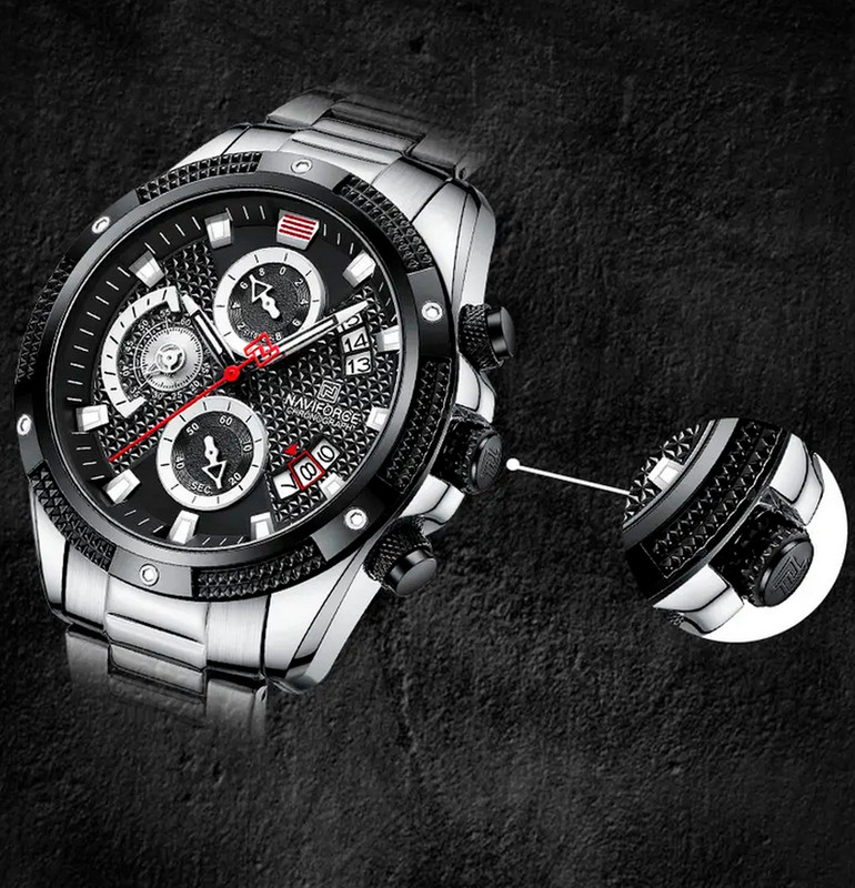 Reloj Naviforce Original Nf 8021 Cronografo Plateado Fondo Negro + Estuche