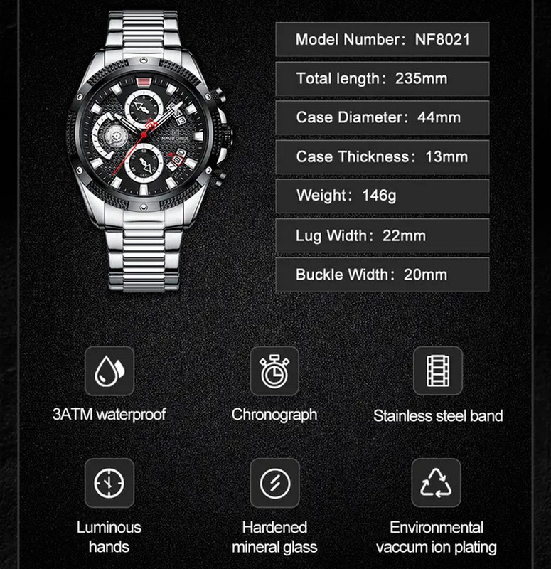 Reloj Naviforce Original Nf 8021 Cronografo Plateado Fondo Negro + Estuche