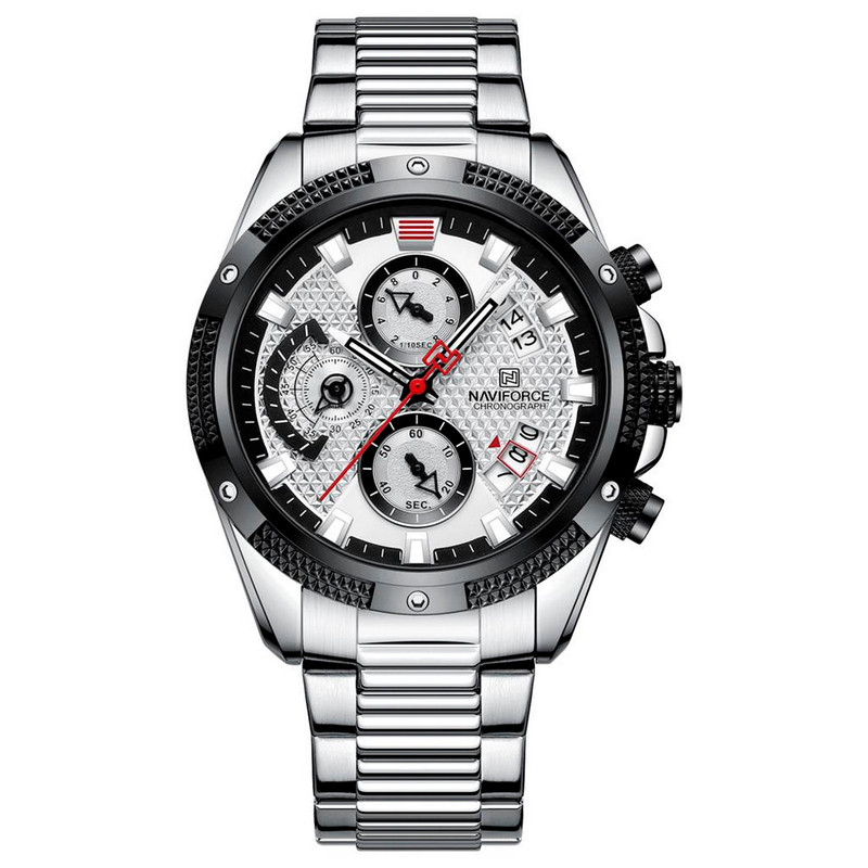 Reloj Naviforce Original Nf 8021 Cronografo Plateado Fondo Plateado + Estuche