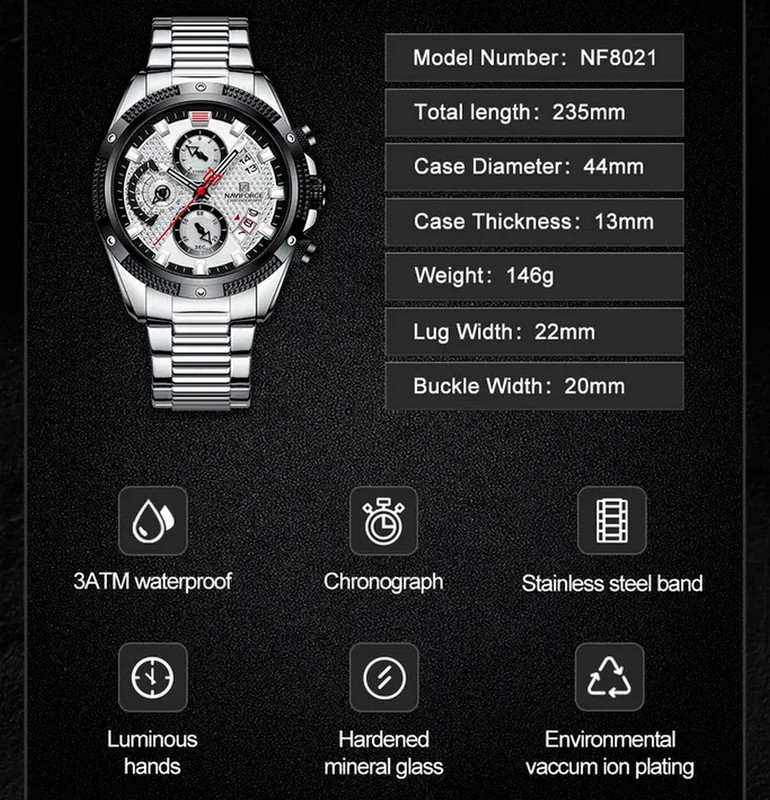 Reloj Naviforce Original Nf 8021 Cronografo Plateado Fondo Plateado + Estuche