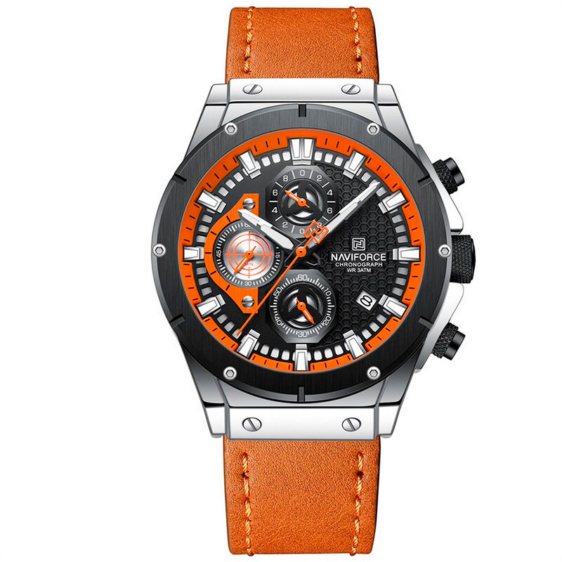 Reloj Naviforce Original Nf 8027 Cuero Hombre Naranja + Estuche