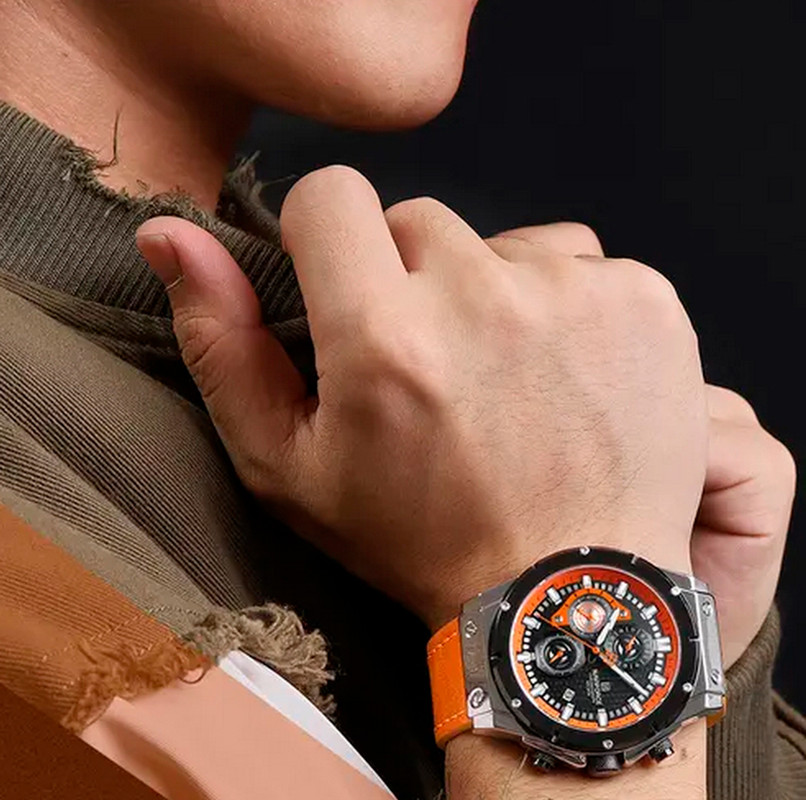 Reloj Naviforce Original Nf 8027 Cuero Hombre Naranja + Estuche