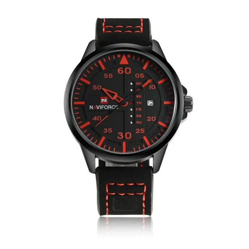 Reloj Naviforce Original Nf 9074 Cuero Hombre Negro Rojo + Estuche