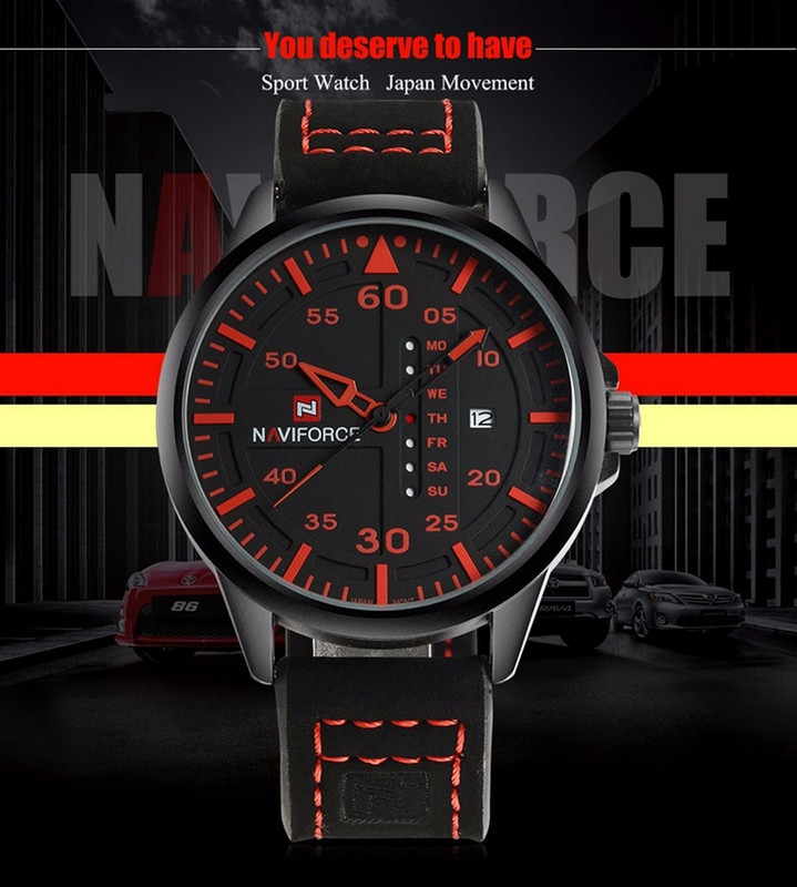 Reloj Naviforce Original Nf 9074 Cuero Hombre Negro Rojo + Estuche