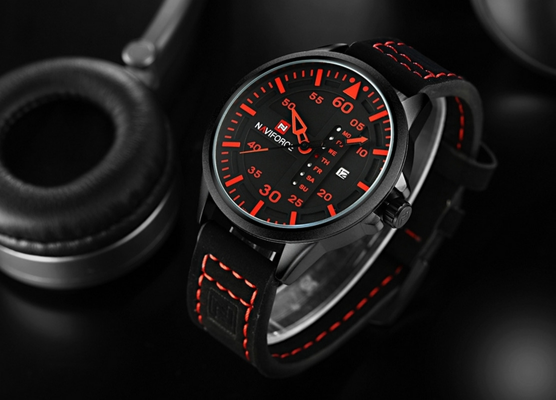 Reloj Naviforce Original Nf 9074 Cuero Hombre Negro Rojo + Estuche