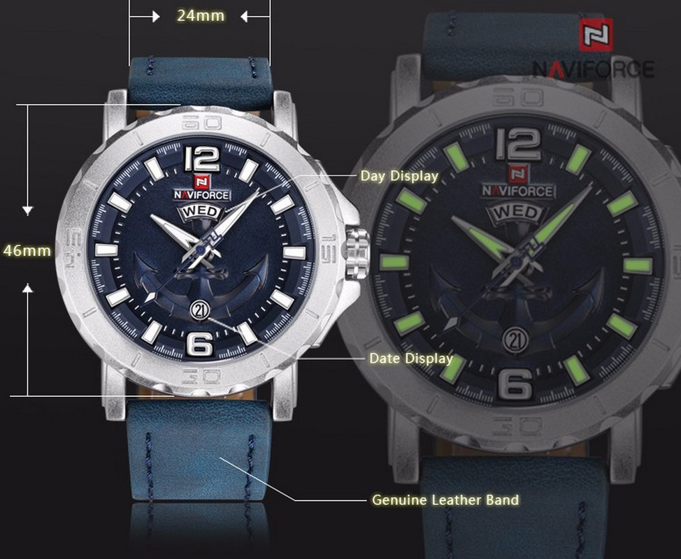 Reloj Naviforce Original Nf 9122 Cuero Ancla Azul + Estuche