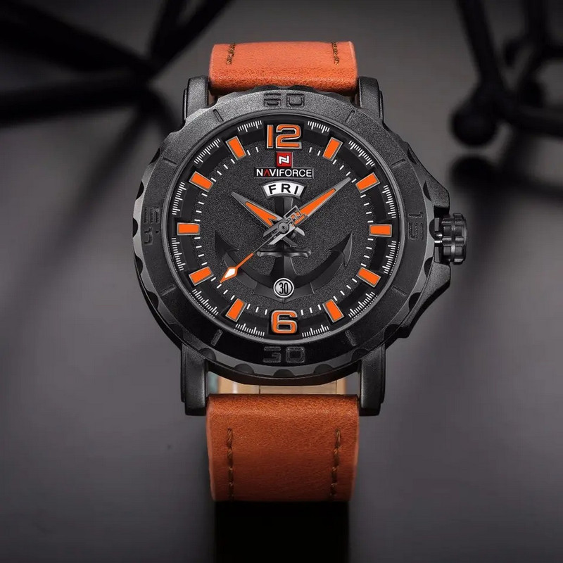 Reloj Naviforce Original Nf 9122 Cuero Ancla Marron + Estuche