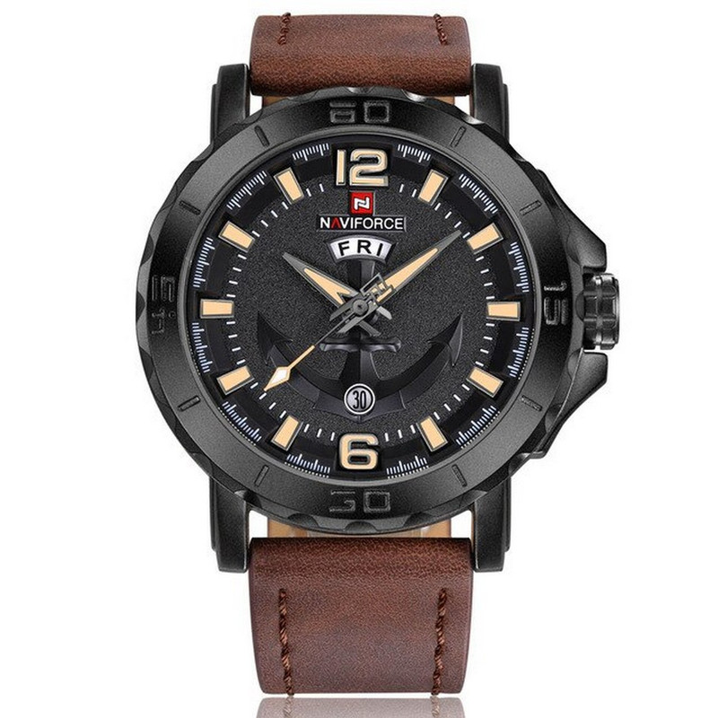 Reloj Naviforce Original Nf 9122 Cuero Ancla Marron Oscuro + Estuche