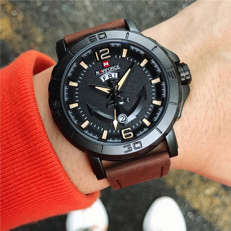 Reloj Naviforce Original Nf 9122 Cuero Ancla Marron Oscuro + Estuche