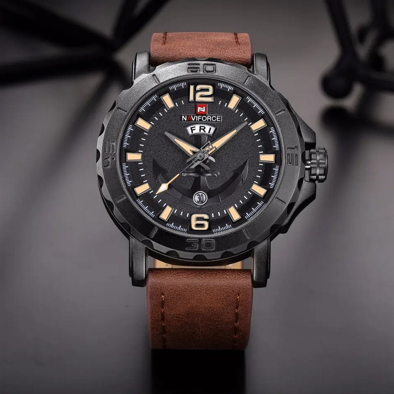 Reloj Naviforce Original Nf 9122 Cuero Ancla Marron Oscuro + Estuche