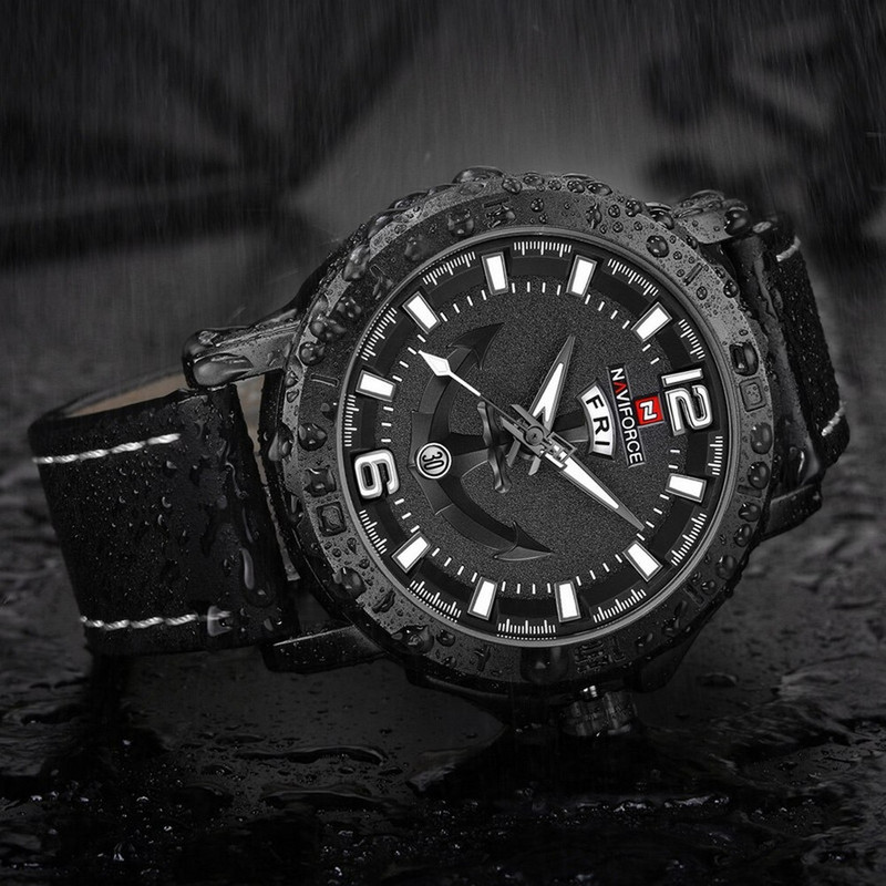 Reloj Naviforce Original Nf 9122 Cuero Ancla Negro + Estuche