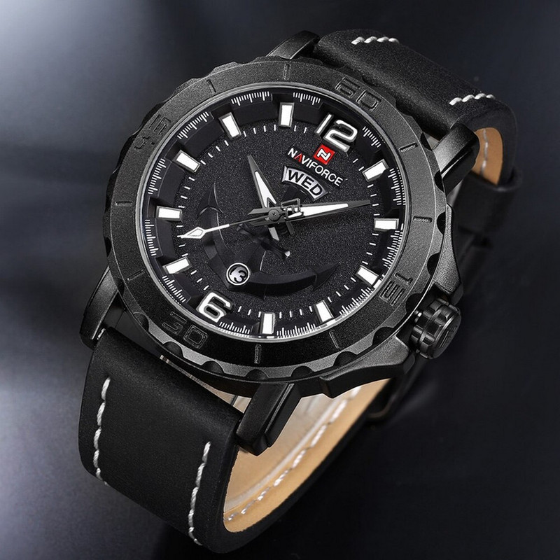 Reloj Naviforce Original Nf 9122 Cuero Ancla Negro + Estuche