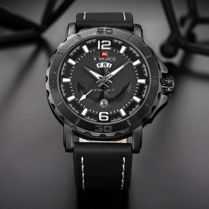 Reloj Naviforce Original Nf 9122 Cuero Ancla Negro + Estuche