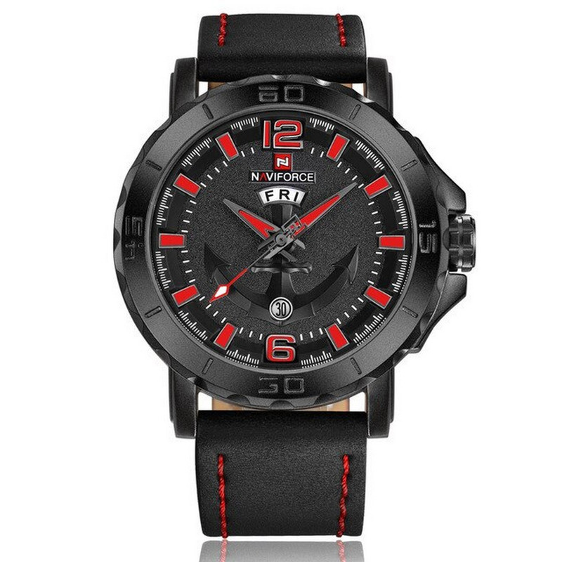 Reloj Naviforce Original Nf 9122 Cuero Ancla Negro Rojo + Estuche