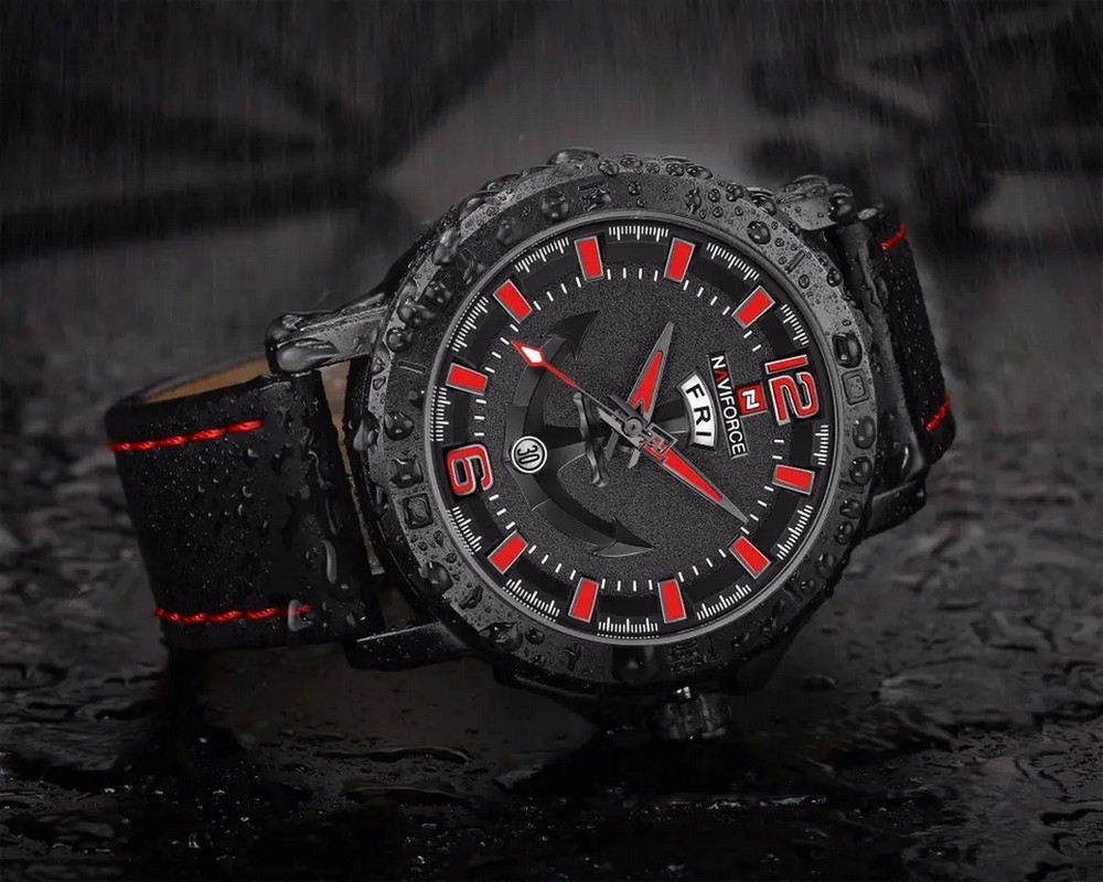 Reloj Naviforce Original Nf 9122 Cuero Ancla Negro Rojo + Estuche