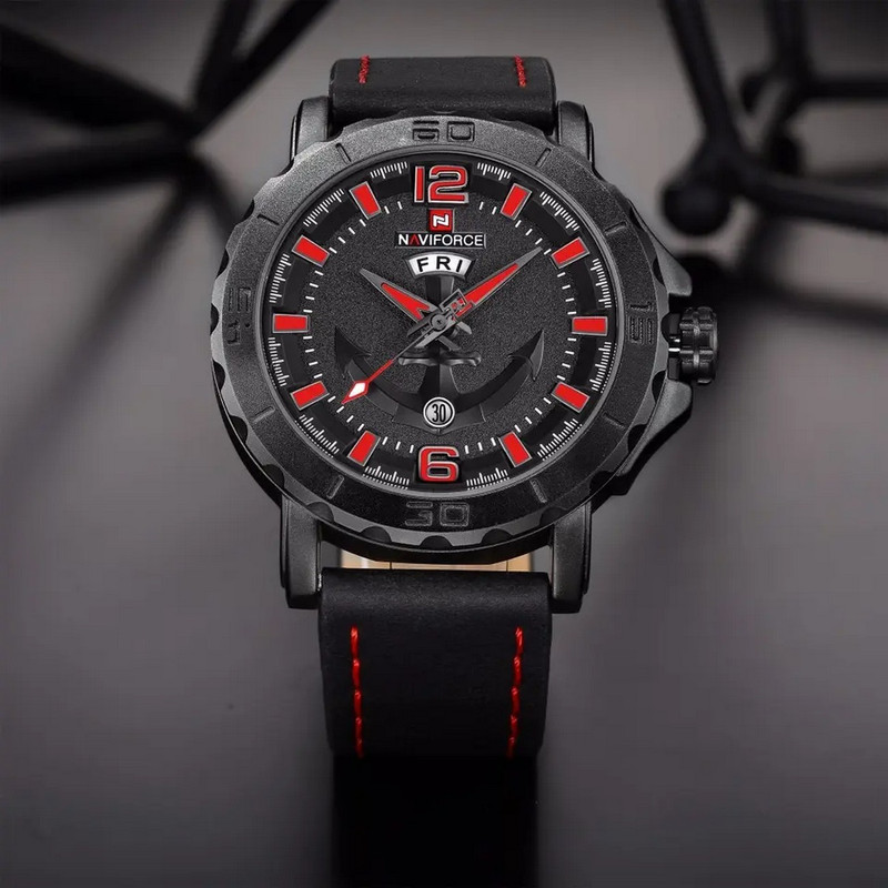 Reloj Naviforce Original Nf 9122 Cuero Ancla Negro Rojo + Estuche