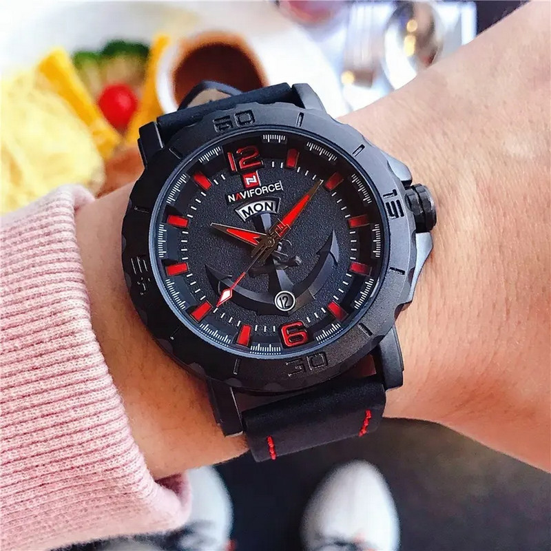 Reloj Naviforce Original Nf 9122 Cuero Ancla Negro Rojo + Estuche