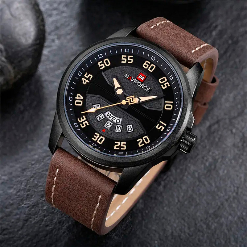 Reloj Naviforce Original Nf 9124 Cuero Hombre Marron Oscuro + Estuche